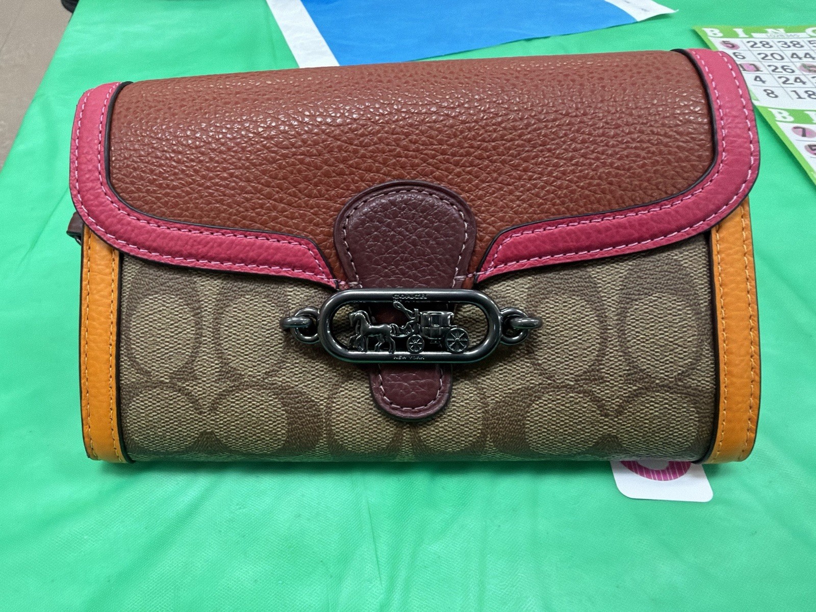 Coach Signature Logo Small Wristlet Clutch Flap Brown Tan Pink Chain Strap