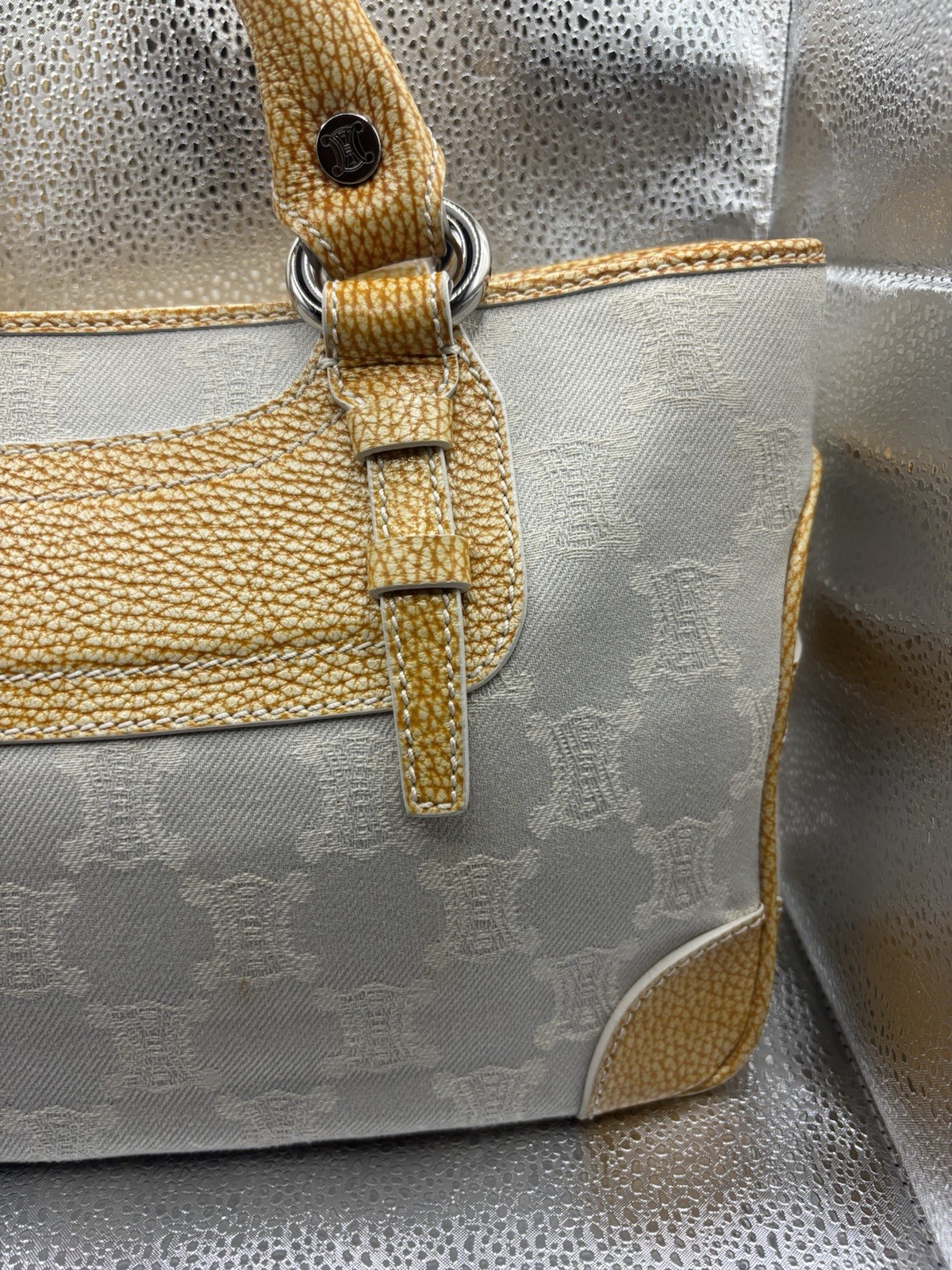 Authentic Celine Boogie Bag Ivory Macadam Monogram Canvas Tan Leather Vintage