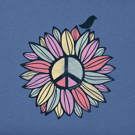 NWT Women’s Life is Good Peace Sign Flower Bird Blue Sleeveless Crusher Tee Tank