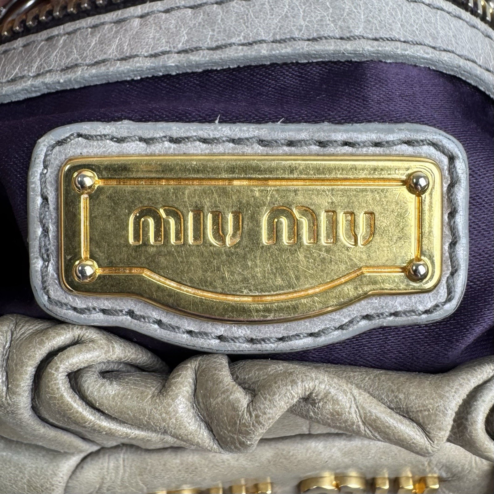 Miu Miu Vitello Lux 2Way Handbag Shoulder Bag Gray Greige Leather Auth Y2K e107