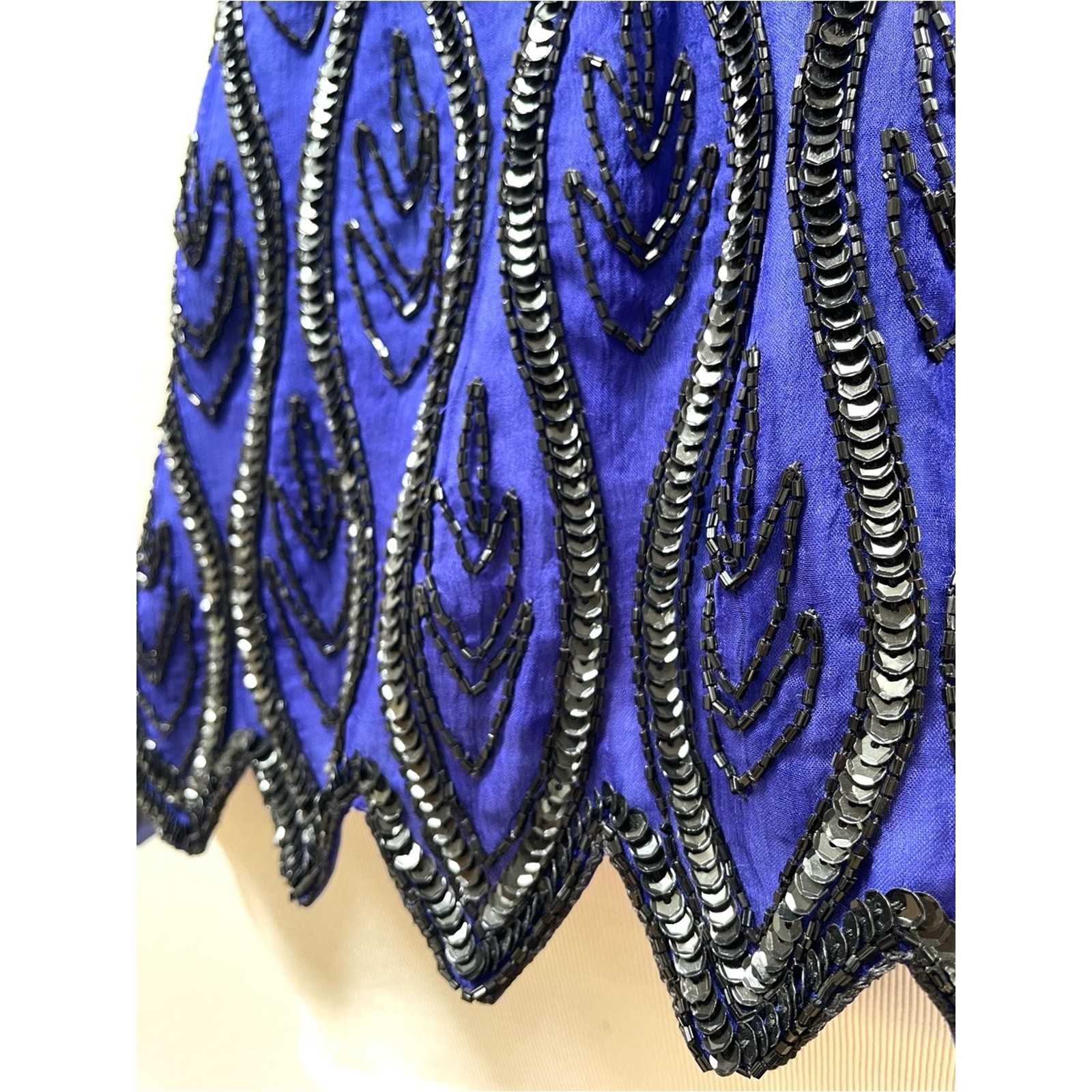 80s 90s Vintage Stenay Beaded Silk Blue Long-Sleeve Evening Top Women’s Medium P
