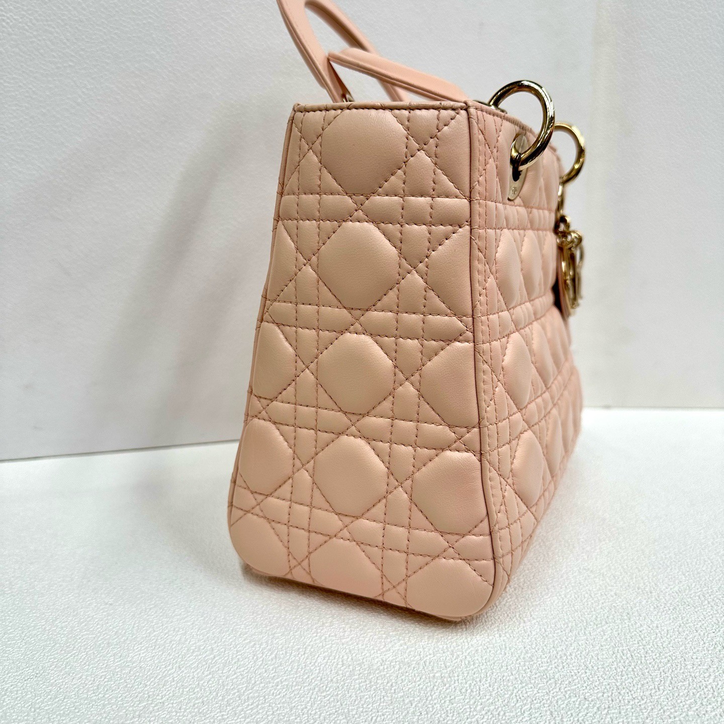 Dior Lady Dior Light Pink Lambskin Cannage Top Handle Crossbody Bag auth