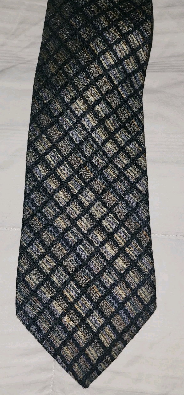 Structure Men’s Designer Silk Woven Tie Geometric Pattern Black Gold Blue