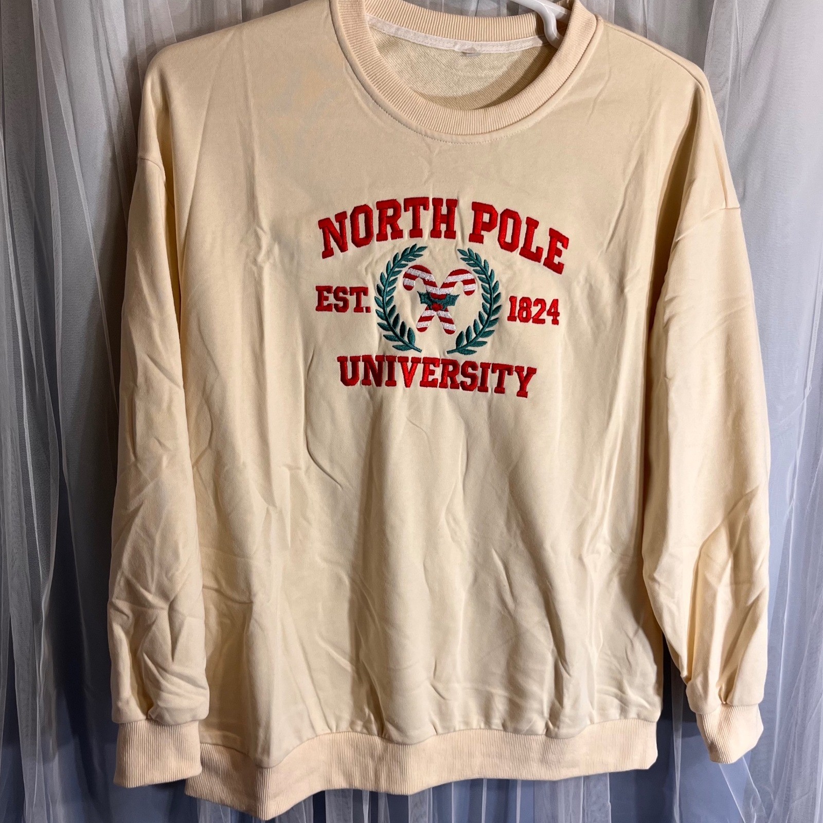 North Pole University Cream Crewneck Sweatshirt Cotton Polyester Blend Size L