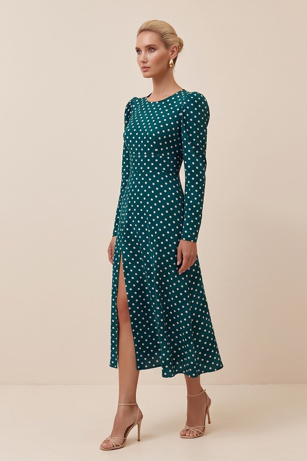 Green Emerald Polka Dot Midi Dress by FemeAdor – Size (XS) – Made in Ukraine