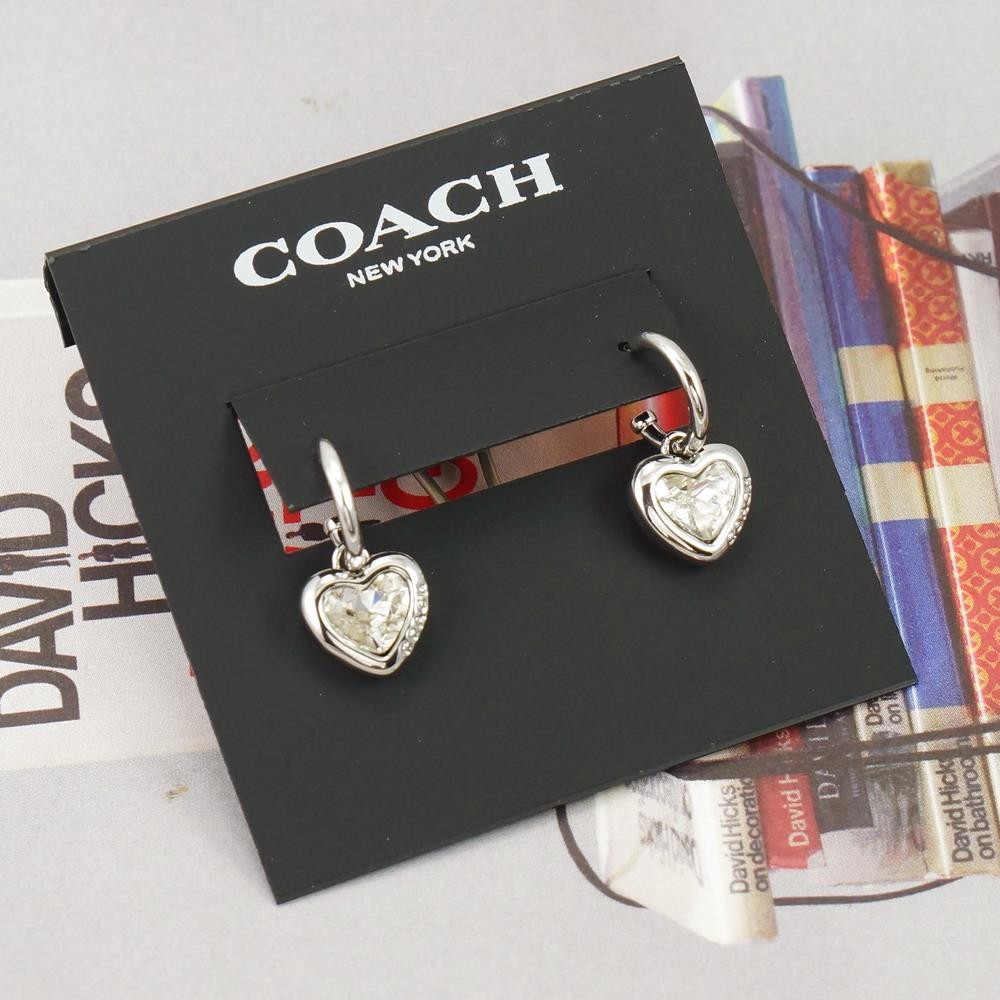 NWT Coach Stone Heart Huggie Earrings Clear Silver Tone