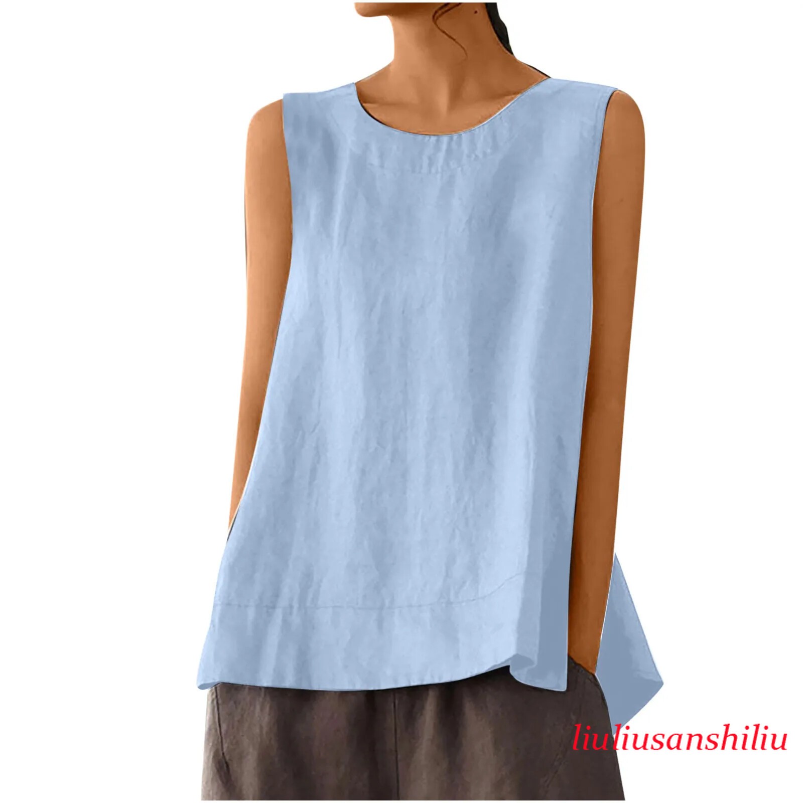 Solid Color Casual Cotton Linen Sleeveless Round Neck Soft and Breathable Top