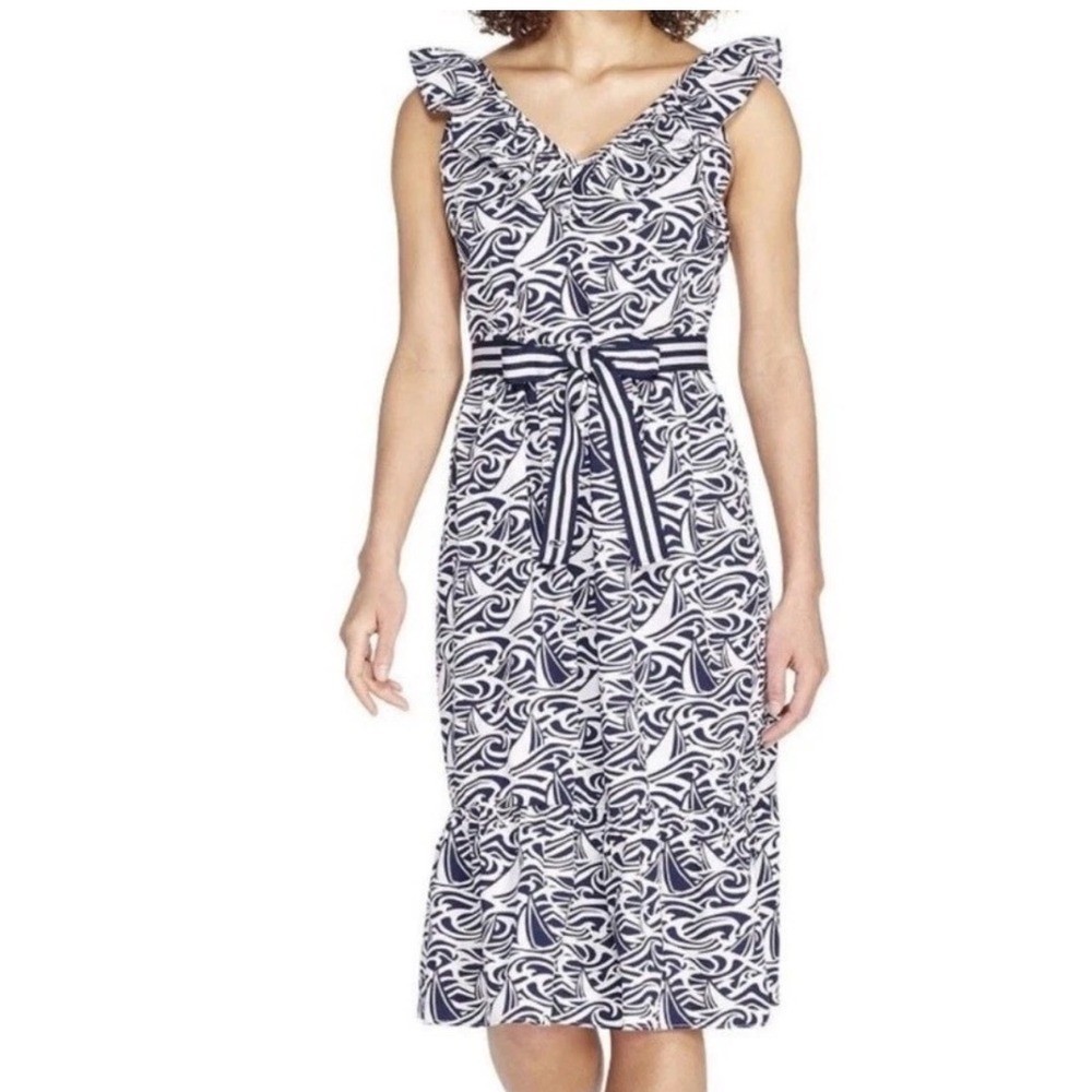 Vineyard Vines Target Blue White Sailboat Midi Dress M Cotton Belted Nautical