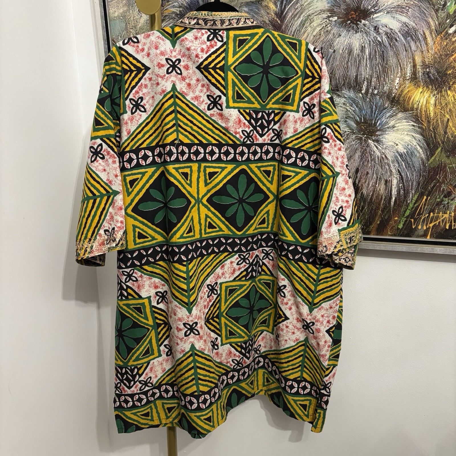 Vtg 90s Charles Smith Kenya 100% Cotton Embroidered Tunic Shirt Pockets L