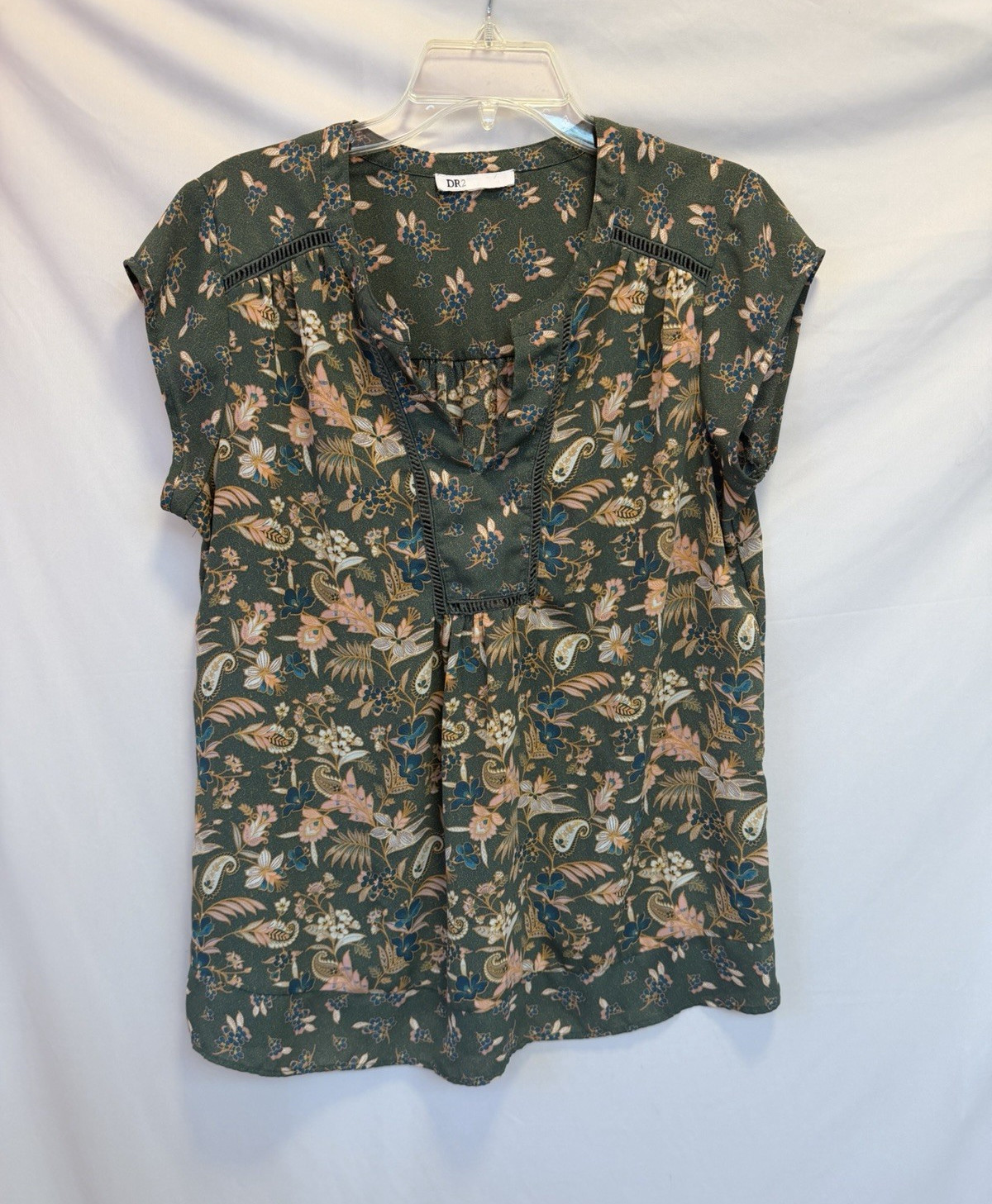 DR2 Green Floral V-Neck Pullover Short Sleeve Lace Trim Blouse Women XL