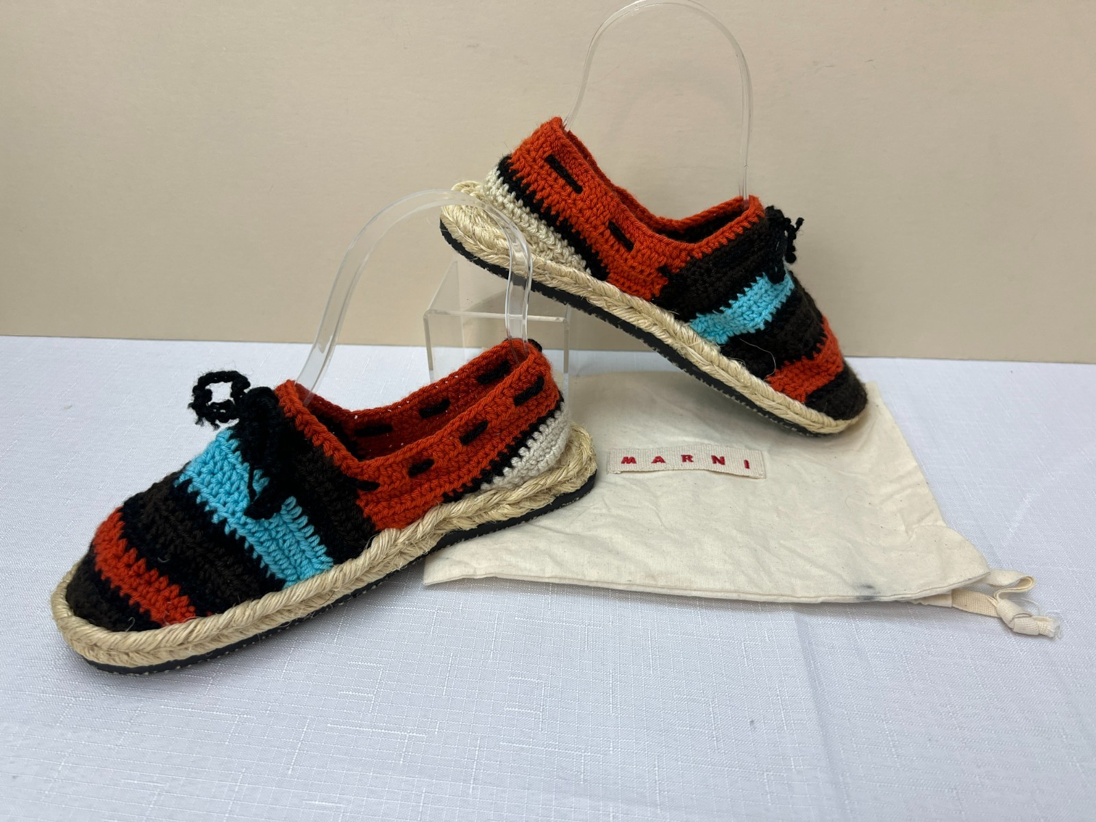 Marni Crochet Sling Back Flats Multi Color Raffia Braid Insole + Pouch SZ 8