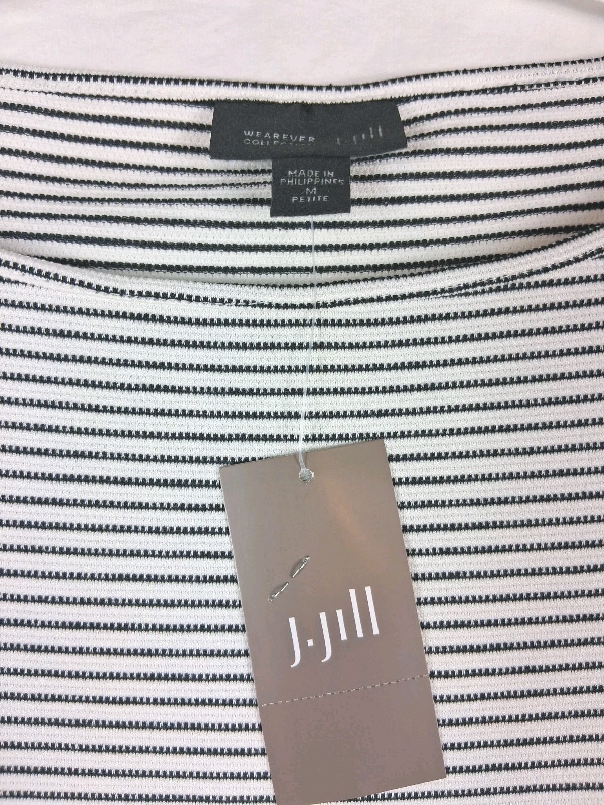 ​J Jill Wearever Womens Top NWT Medium MP Petite Black White Striped Boatneck
