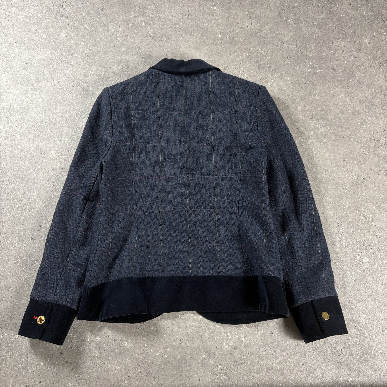 Joules Blazer UK 12 Blue Wool Tweed Jacket Windowpane Velvet Trim Hartfield