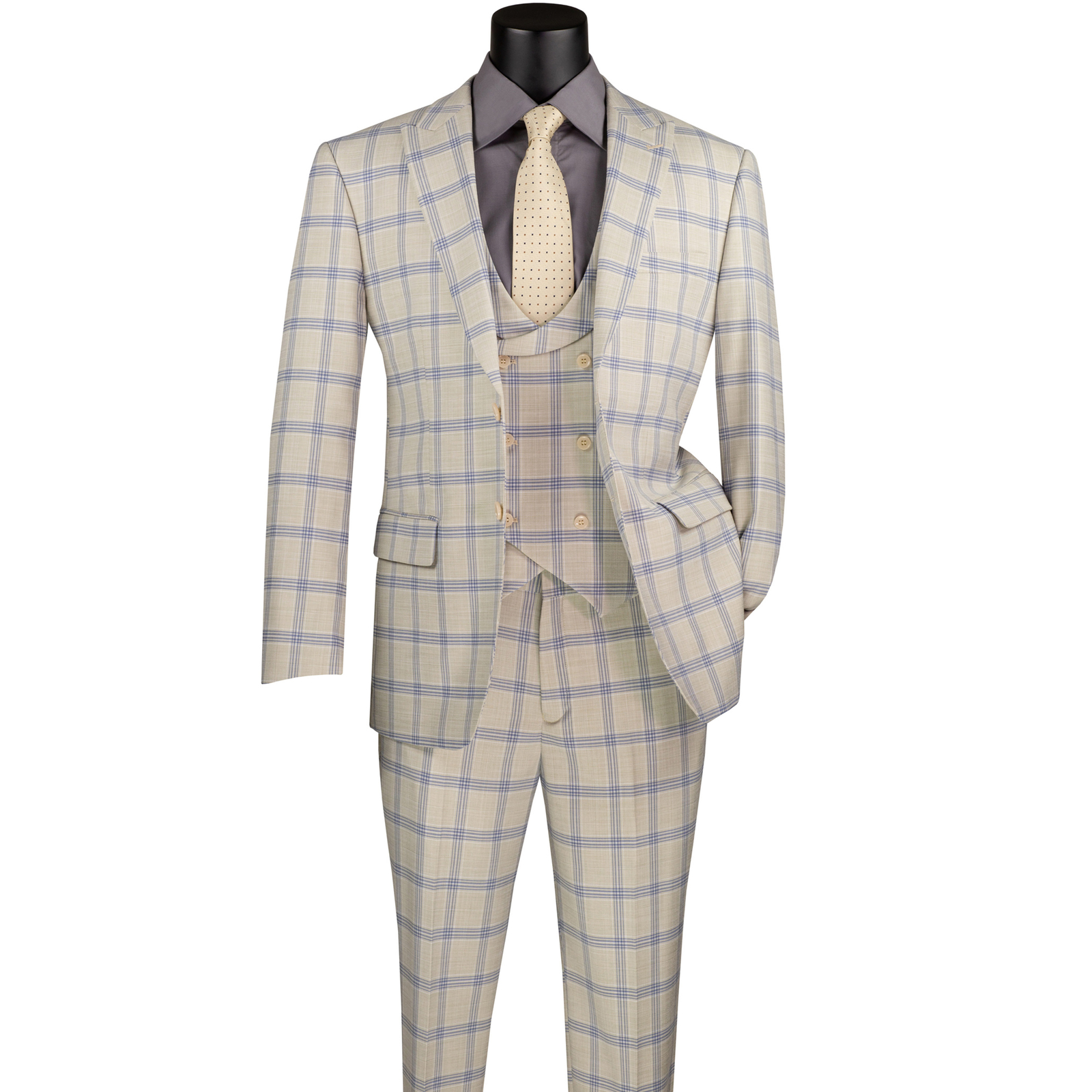 VINCI Men’s Light Beige Windowpane 3pc Stretch Modern Fit Suit – NEW
