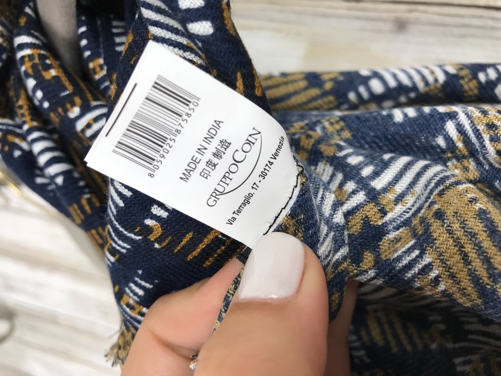 Koan Navy Blue Tan Brown Print Scarf Large Wrap 41×71 NEW