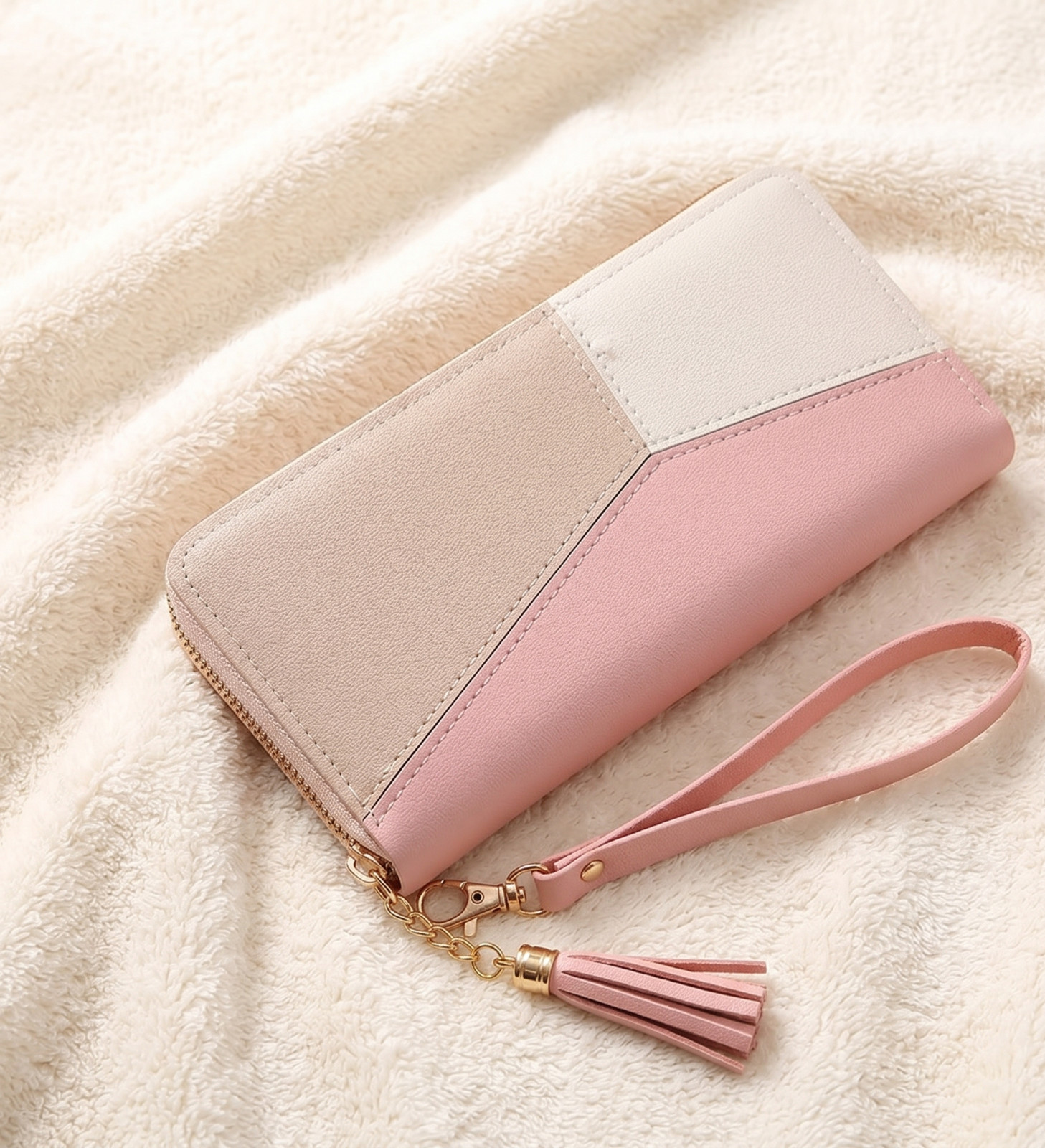 Women’s Zip Around Wallet Color block Clutch Wristlet Purse with Tassel Charm