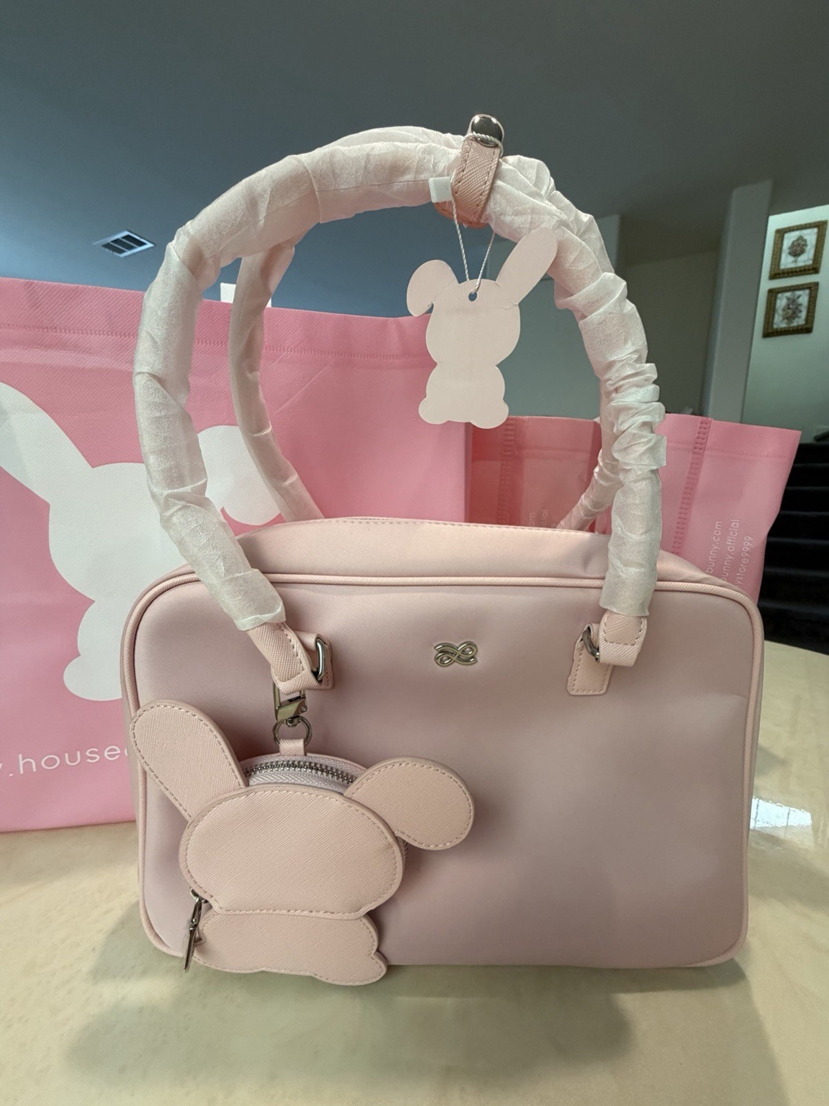 House of Little Bunny Pink Small Satchel Top Handle Zip Bag w Bunny Charm