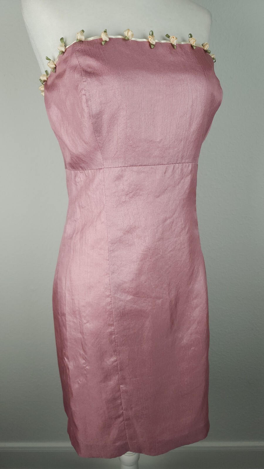Vintage 90s Pink Silk Satin Rosebud Dress Strapless Ivory Ribbons Homemade ~M