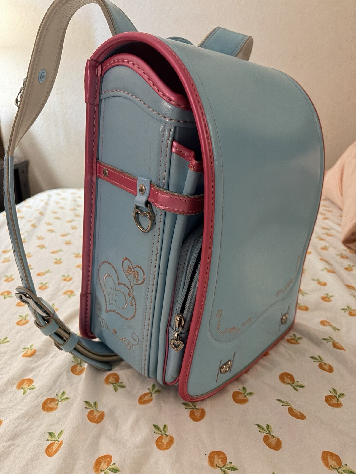 japanese bag Randoseru Light Blue Pink Heart Kids Backpack Adjustable Strap