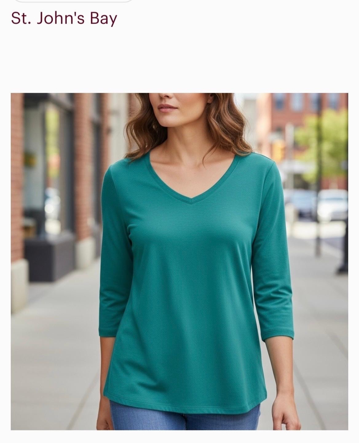 St. John’s Bay Women’s Large NWT Pima Cotton 3/4 Sleeve V-Neck Teal Top FastShip