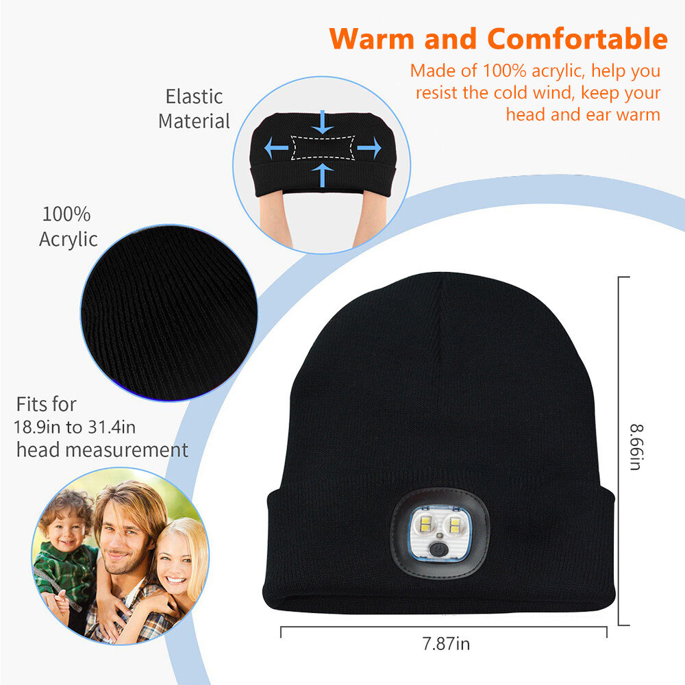 Unisex Rechargeable LED Beanie Hat Knit Winter Light Up Headlamp Cap USB Warm