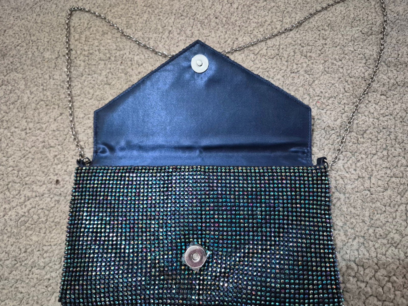 La Regale Iridescent Rhinestone Envelope Clutch with Chain Strap