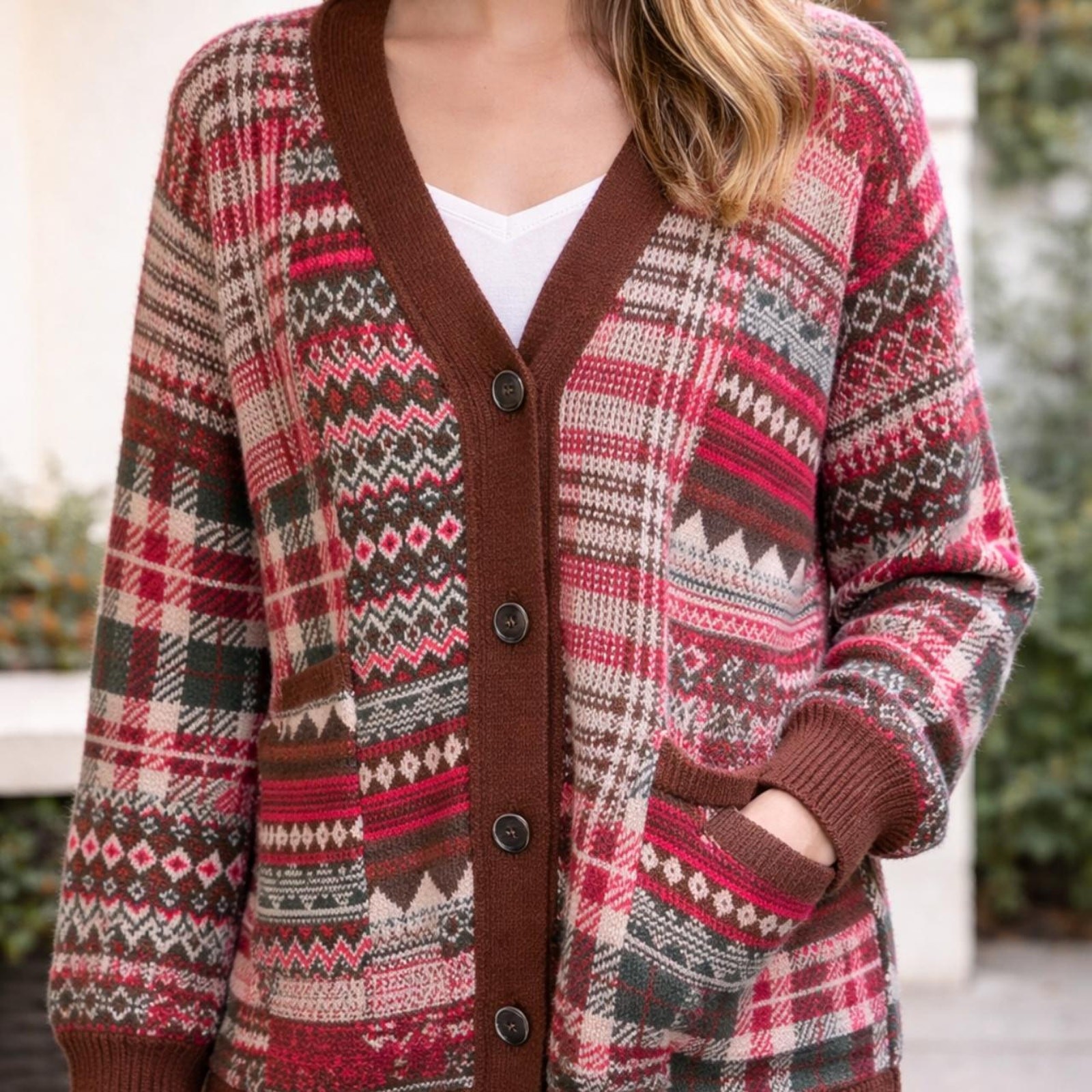 Acrylic Blend Patterned Cardigan Sweater, Fair Isle Style W Size XXL