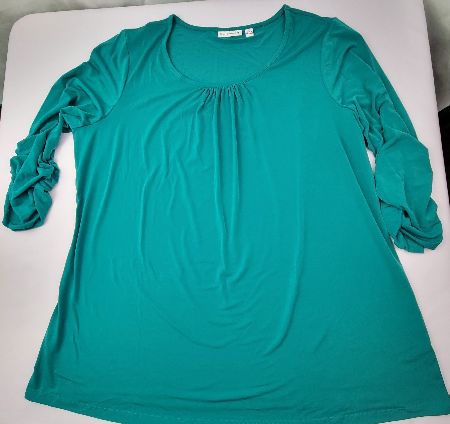 Susan Graver 1X Womens Top Green Ruched Sleeve Pit To Pit 24in