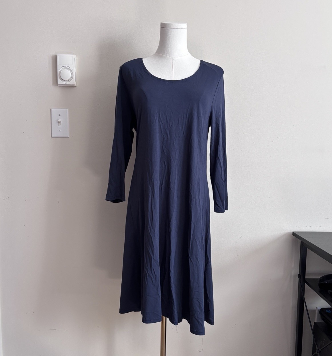 Garnet Hill Knit Trapeze Dress Medium Blue Lightweight Minimalist Stretch Boho