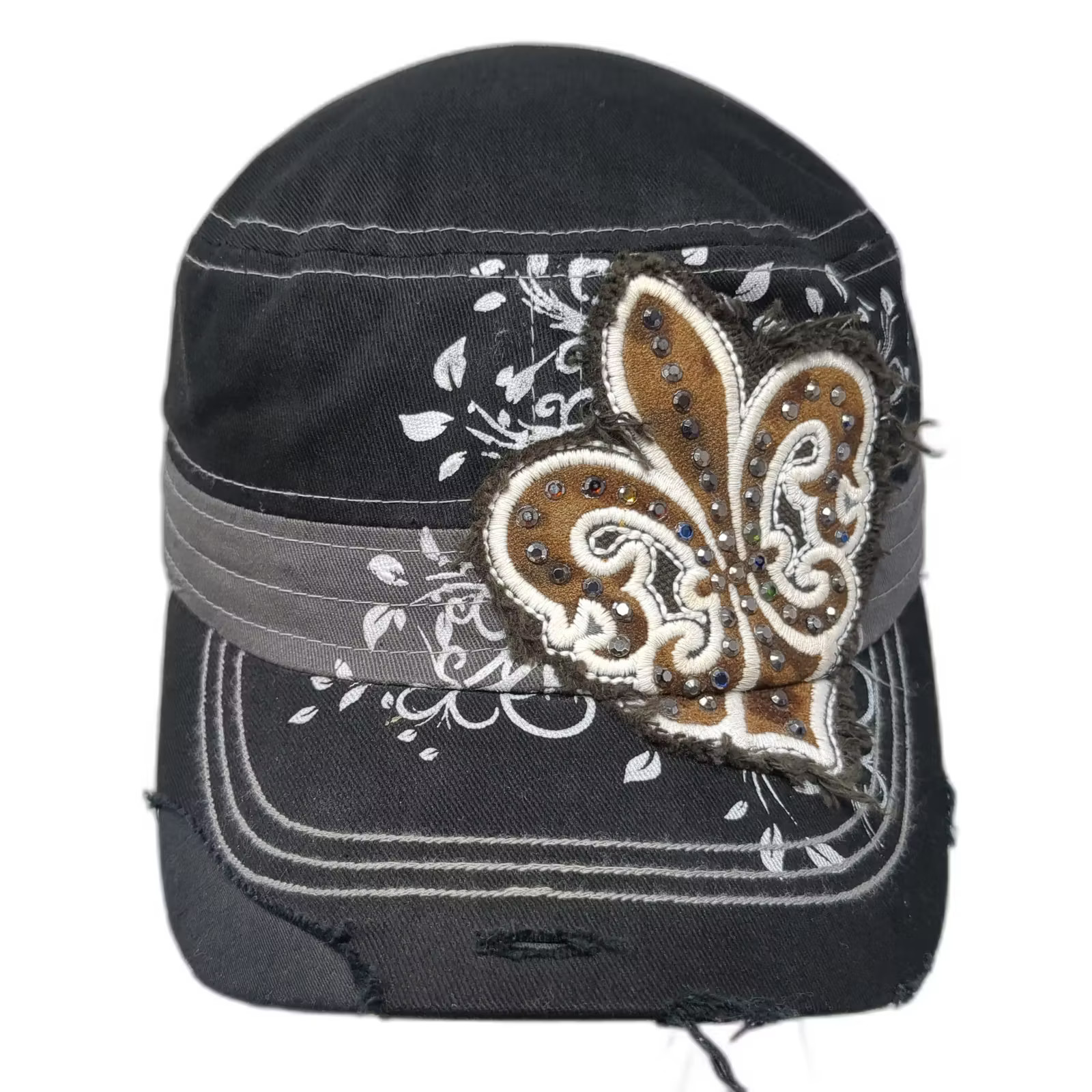 KBETHOS Army Cap Black One Size Fleur-de-Lis Rhinestone Floral Distressed Hat
