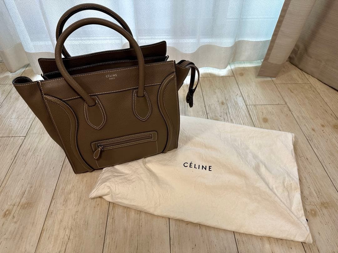 CELINE Nano Luggage Bag Greige Drummed Leather Top Handle Shoulder Tote Bag
