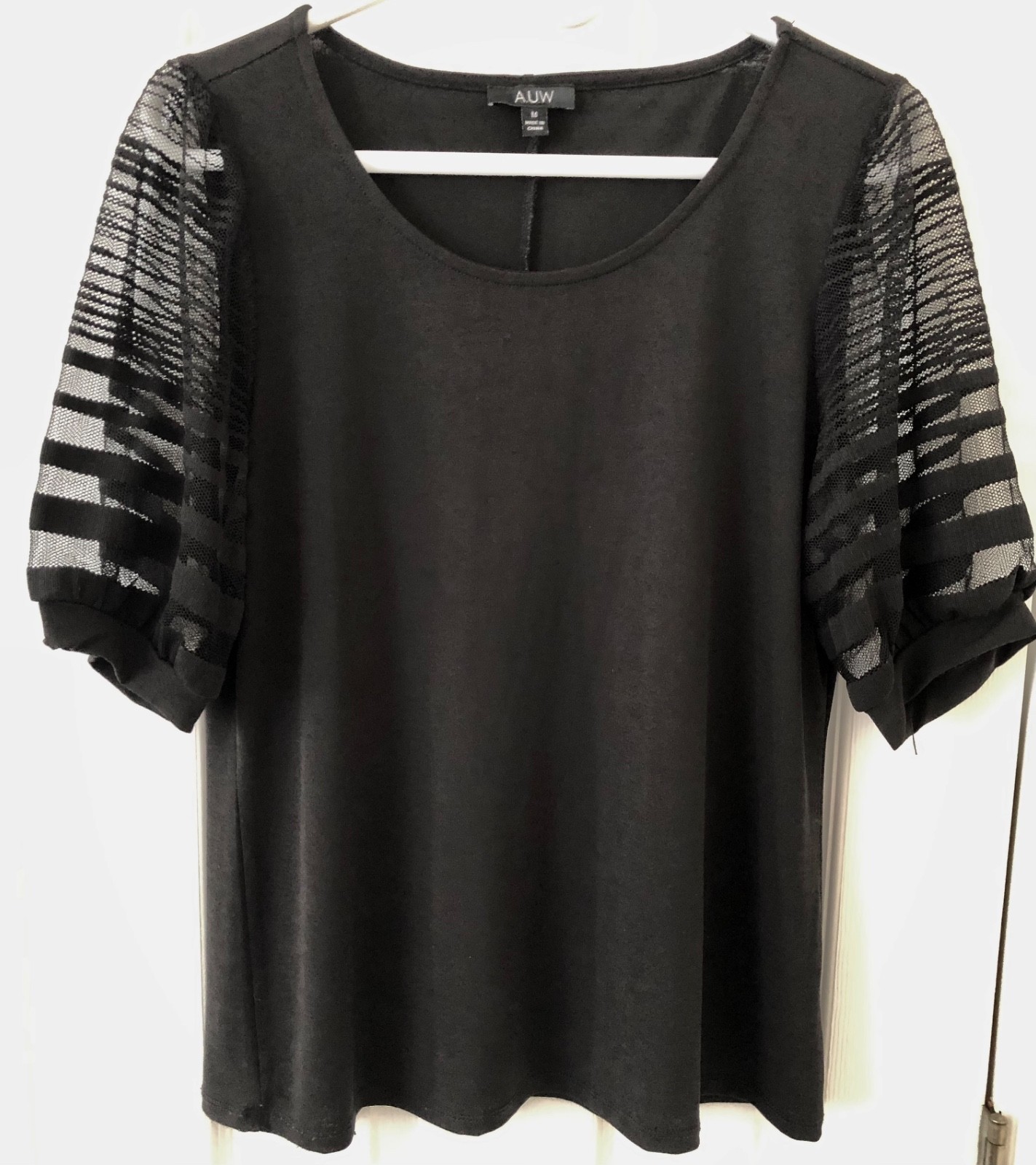 A.U.W. Women’s Black Blouse, Short Sheer Sleeves, Size Medium