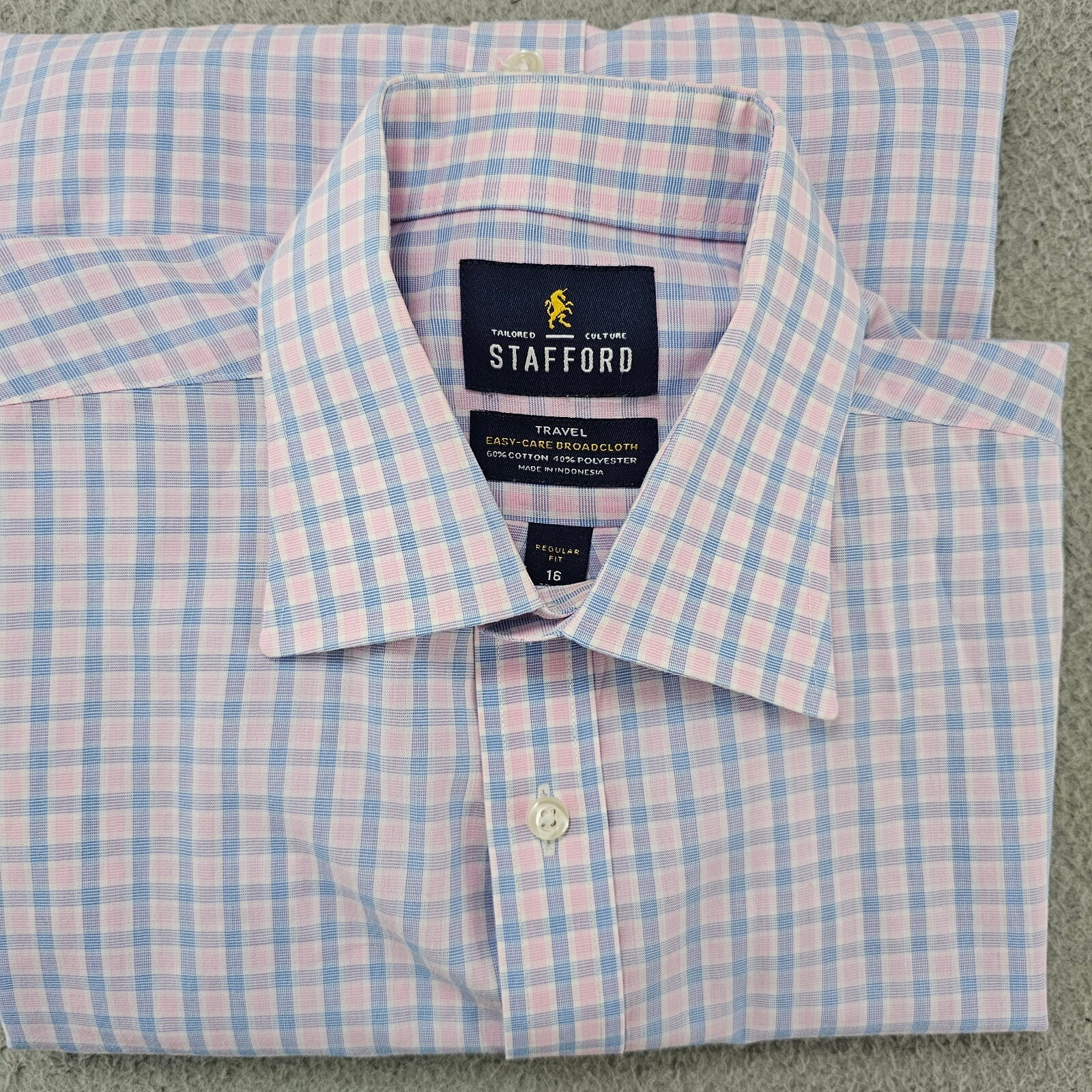 Stafford Dress Shirt Mens 16 32/33 Pink Blue Check Broadcloth Travel Button Up
