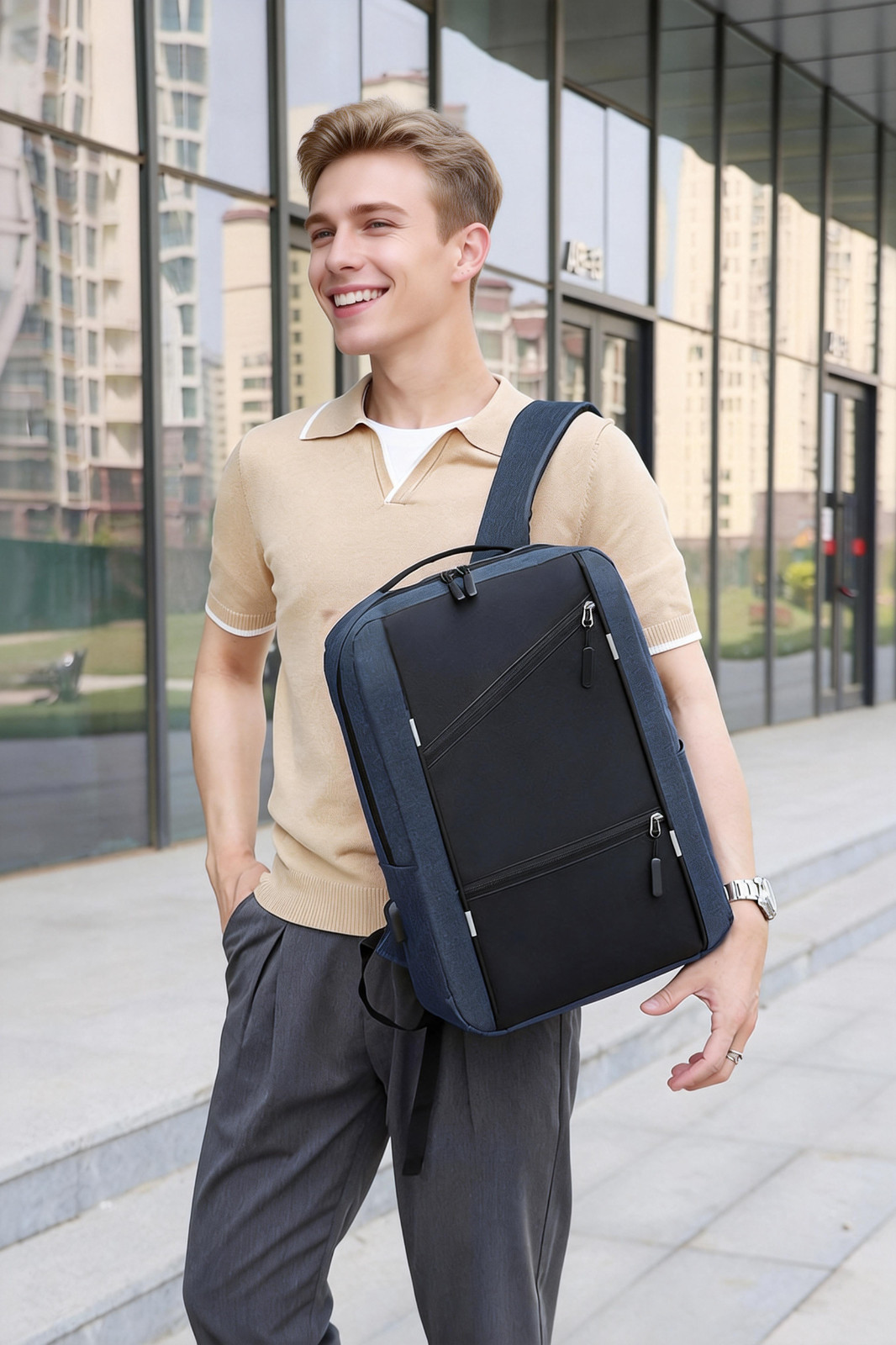 Blue Business Laptop Waterproof Backpack Set Travel College School Bag