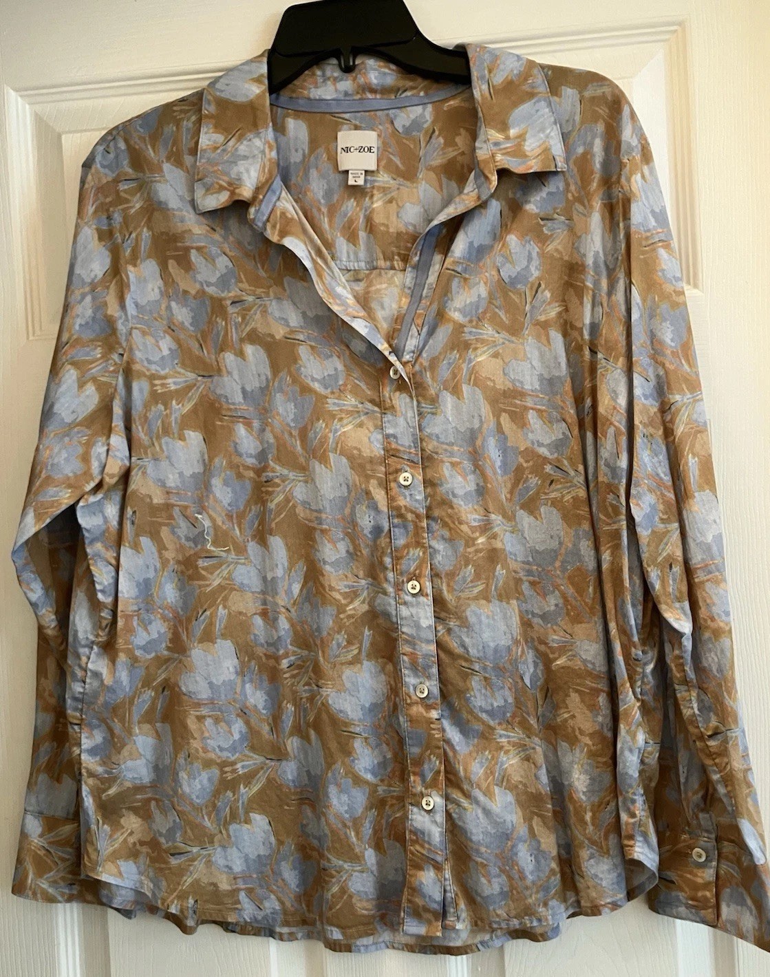 Nic + Zoe Womens Floral Print Long Sleeve Button-Down Vneck Blue Green Top Large