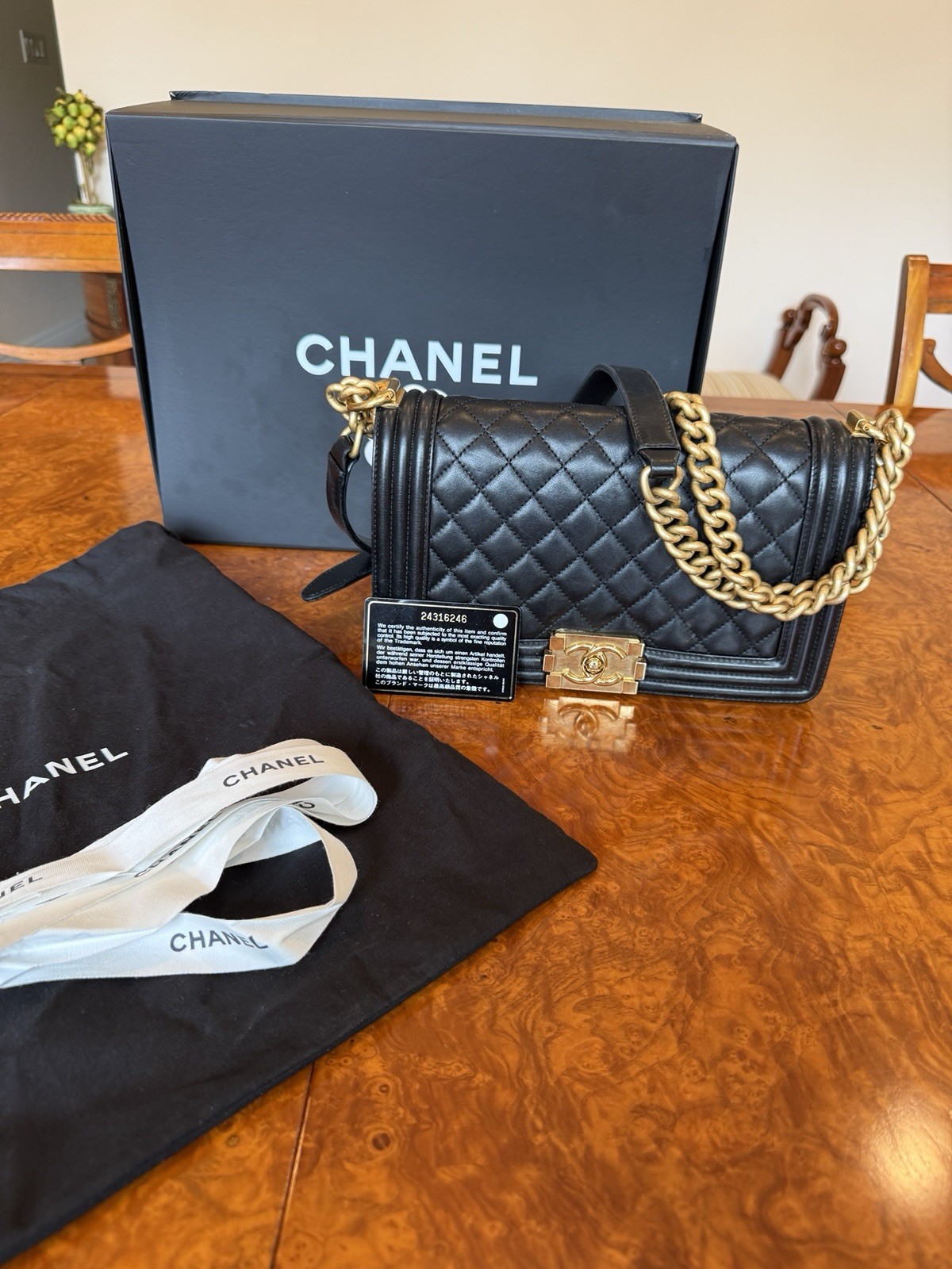 Authentic CHANEL Boy Bag Gold HW Medium Black Calfskin. Auth Card.