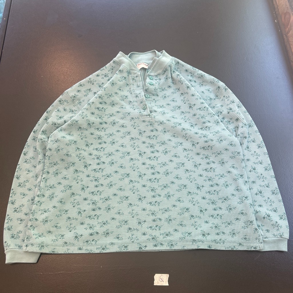 Bobbie Brooks Womens Teal Floral Waffle Knit Long Sleeve Henley Top Size L