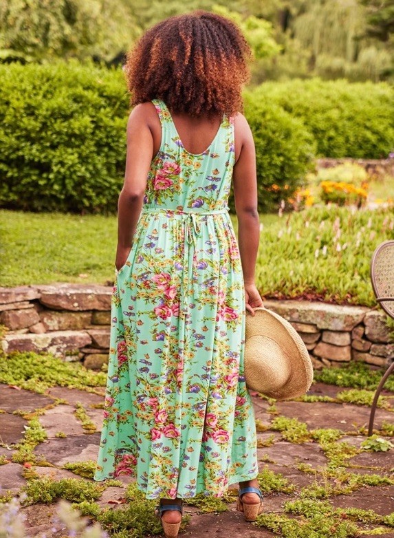 April Cornell Dress Sz M Aqua Floral Island Flower Jersey Maxi Sundress Cottage