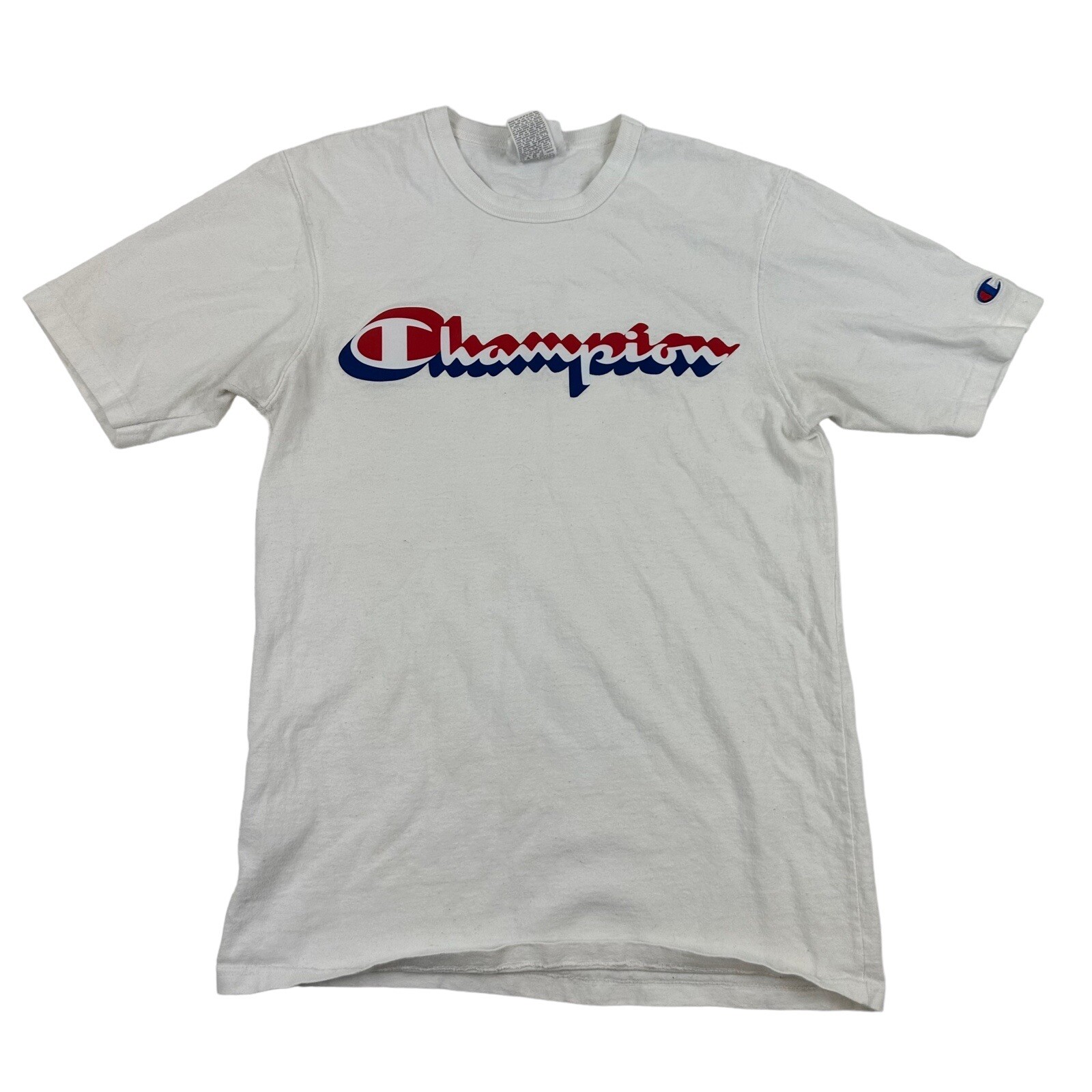 Champion Unisex White Heritage T-Shirt Blue Red Logo GT19-WHC Short Sleeve