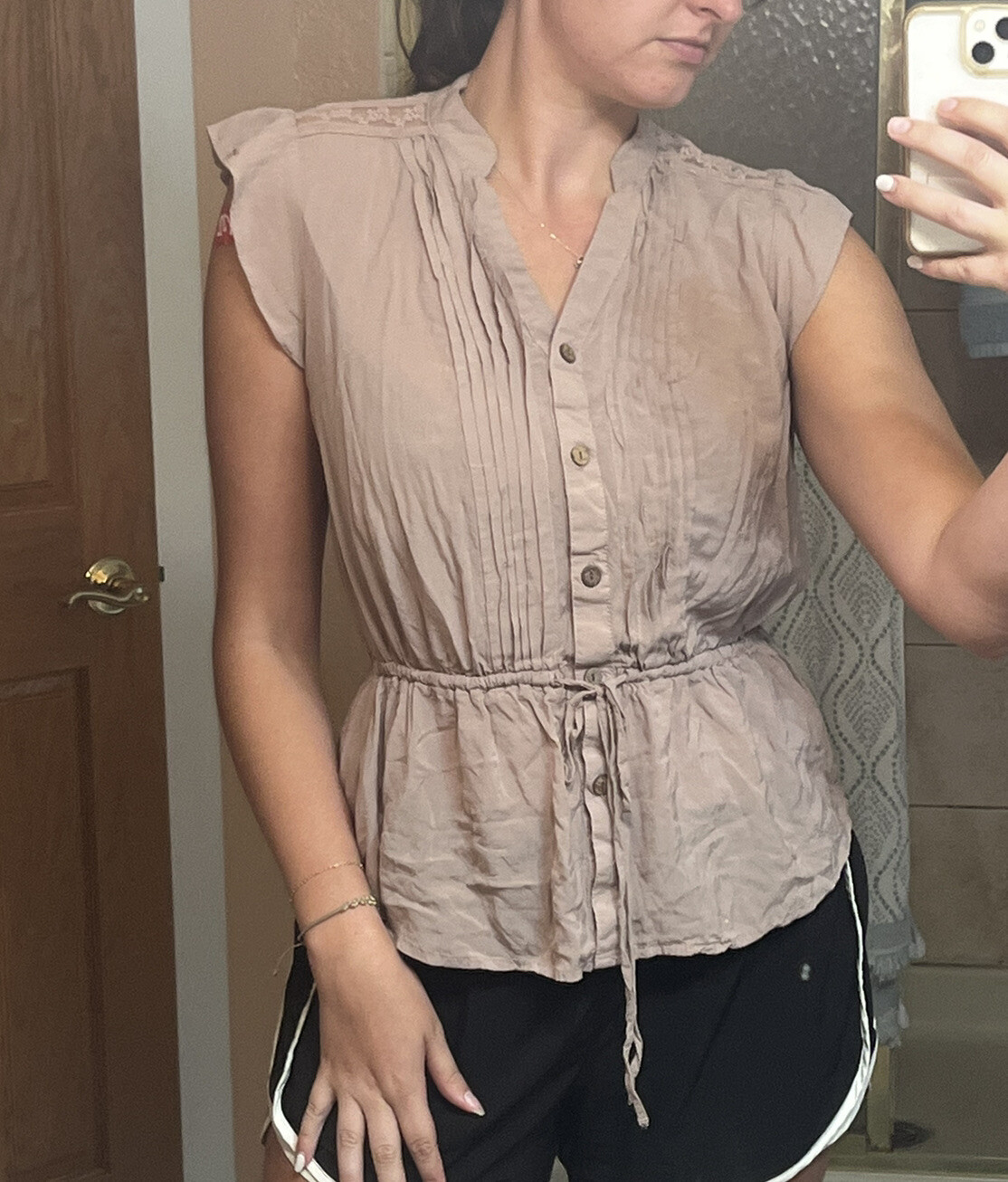 Mine Shirt Womens Small Blouse Brown Ruffled Sleeveless Button Up Elastic Waist