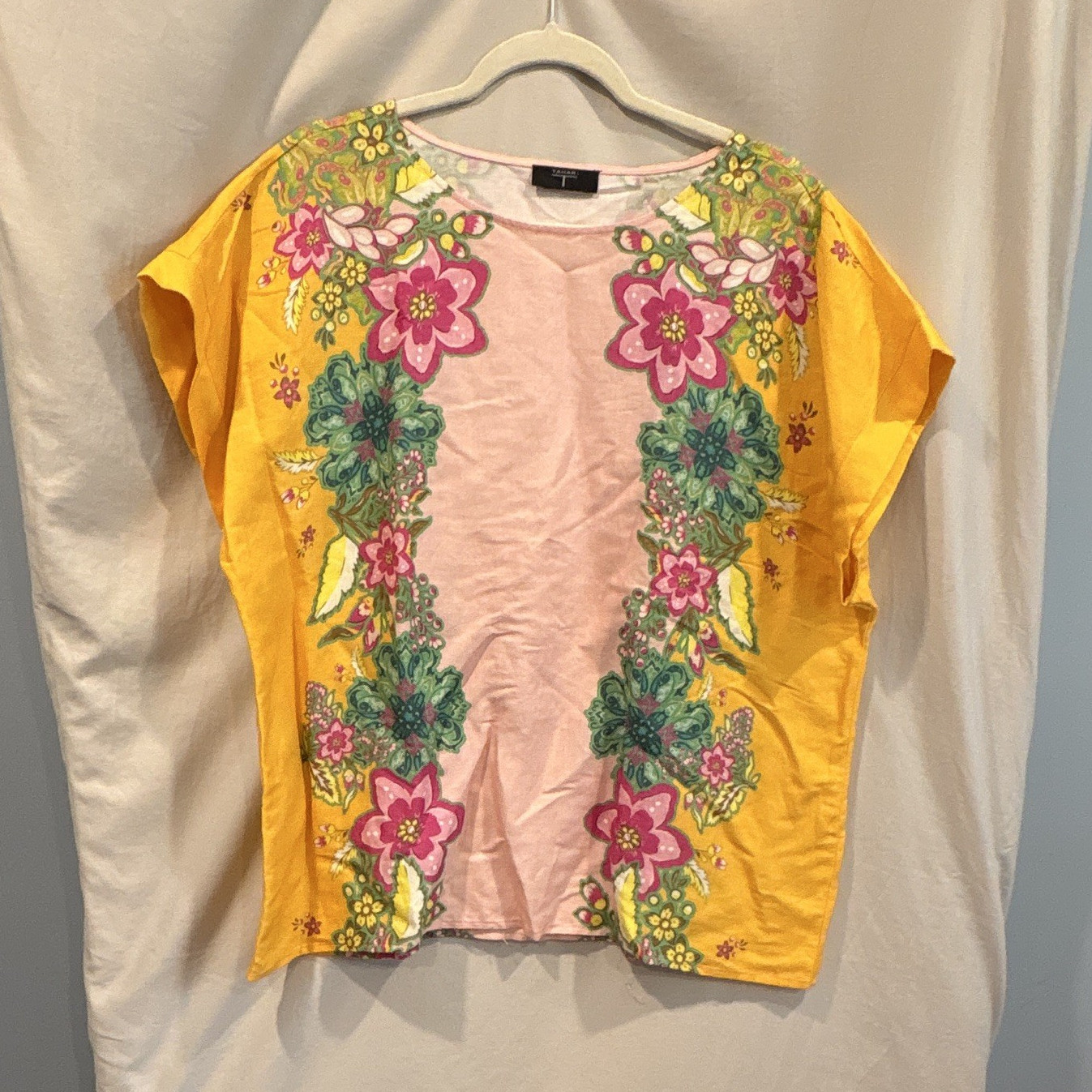 Tahari Womens Floral linen Pullover T-Shirt Cap Sleeve Round Neck XL Yellow
