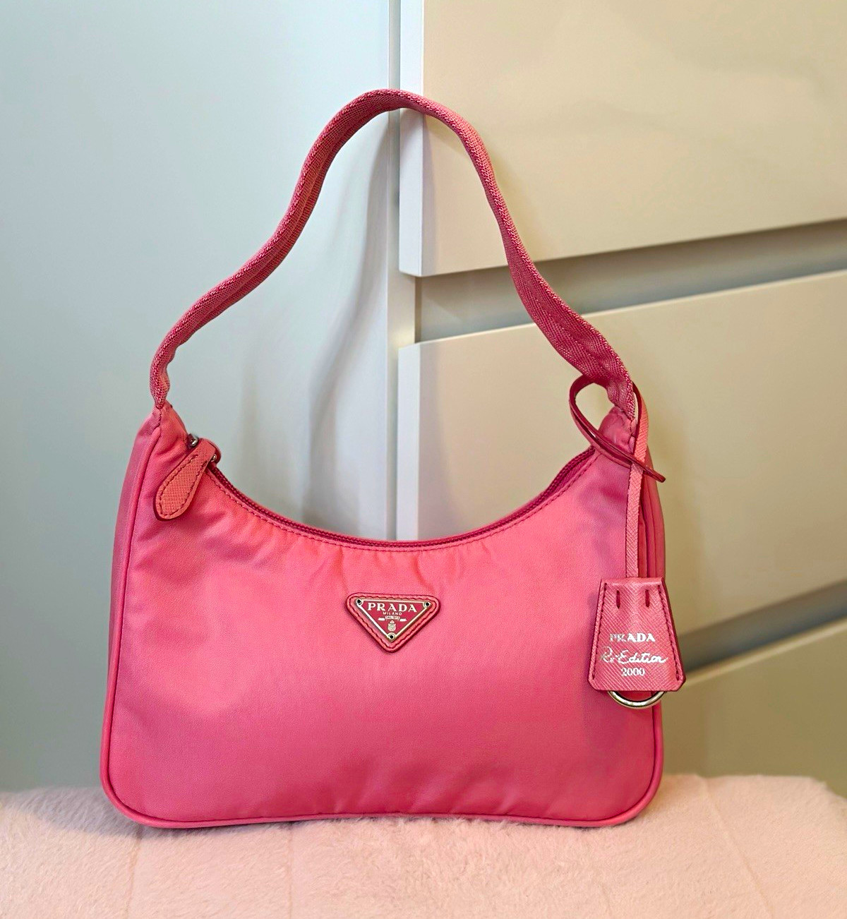 PRADA Re-Edition Pink Small Shoulder Bag Zip Silver Hardware Logo Bag Charm