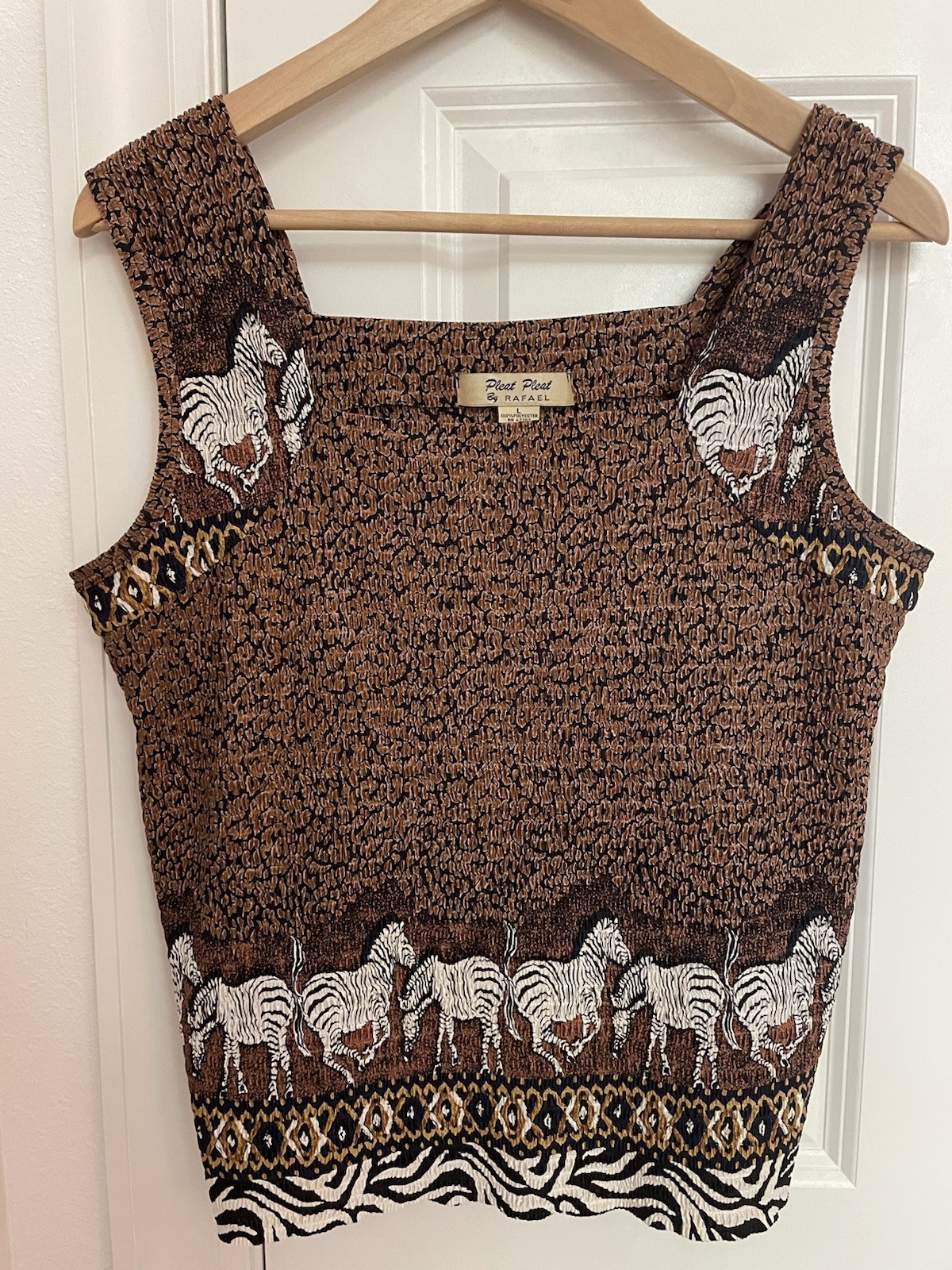 VTG y2k Pleat Pleat Rafael L Square Neck Retro Sleeveless Blouse Zebra Safari