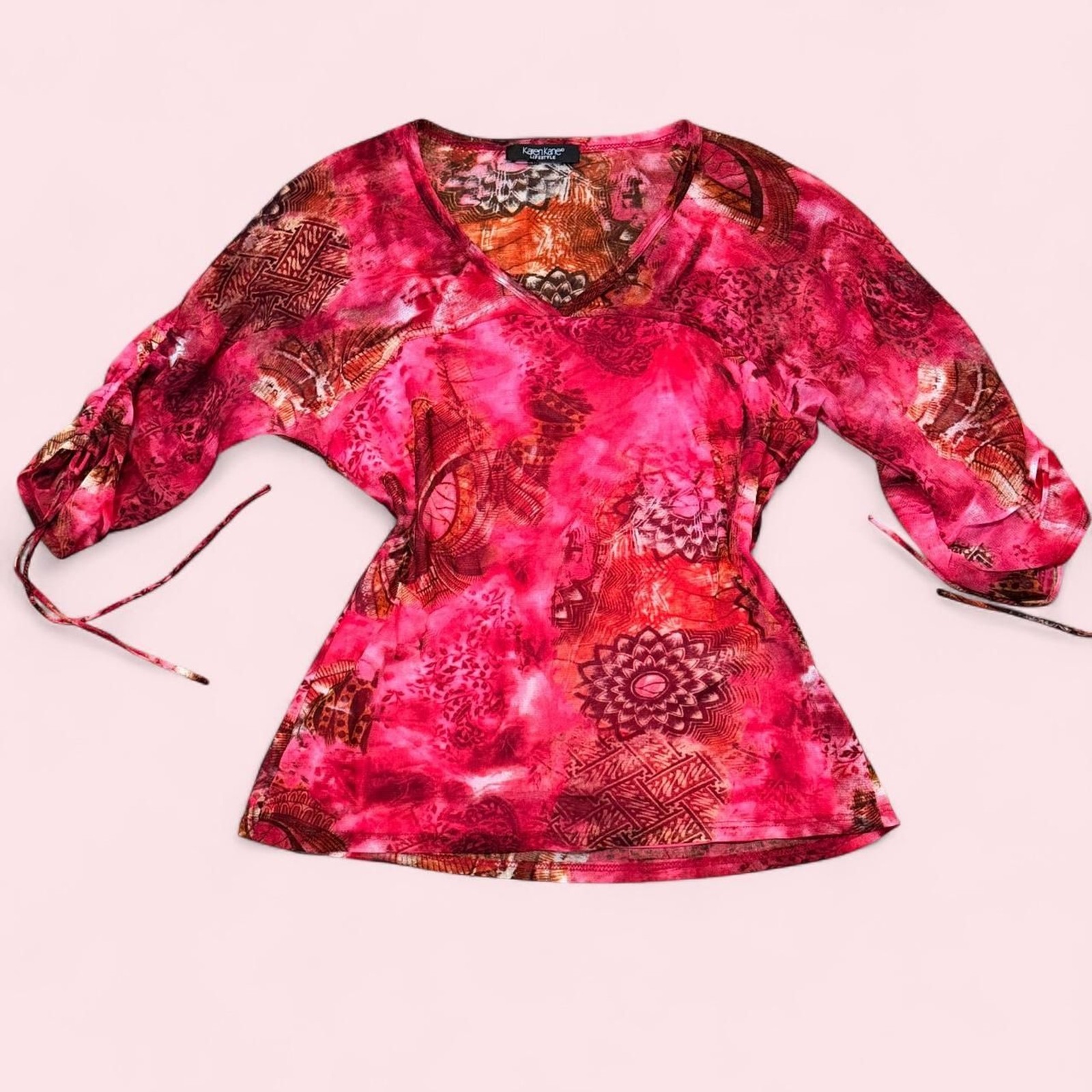 Y2K Paisley Mesh Blouse with Ruched 3/4 sleeves size L