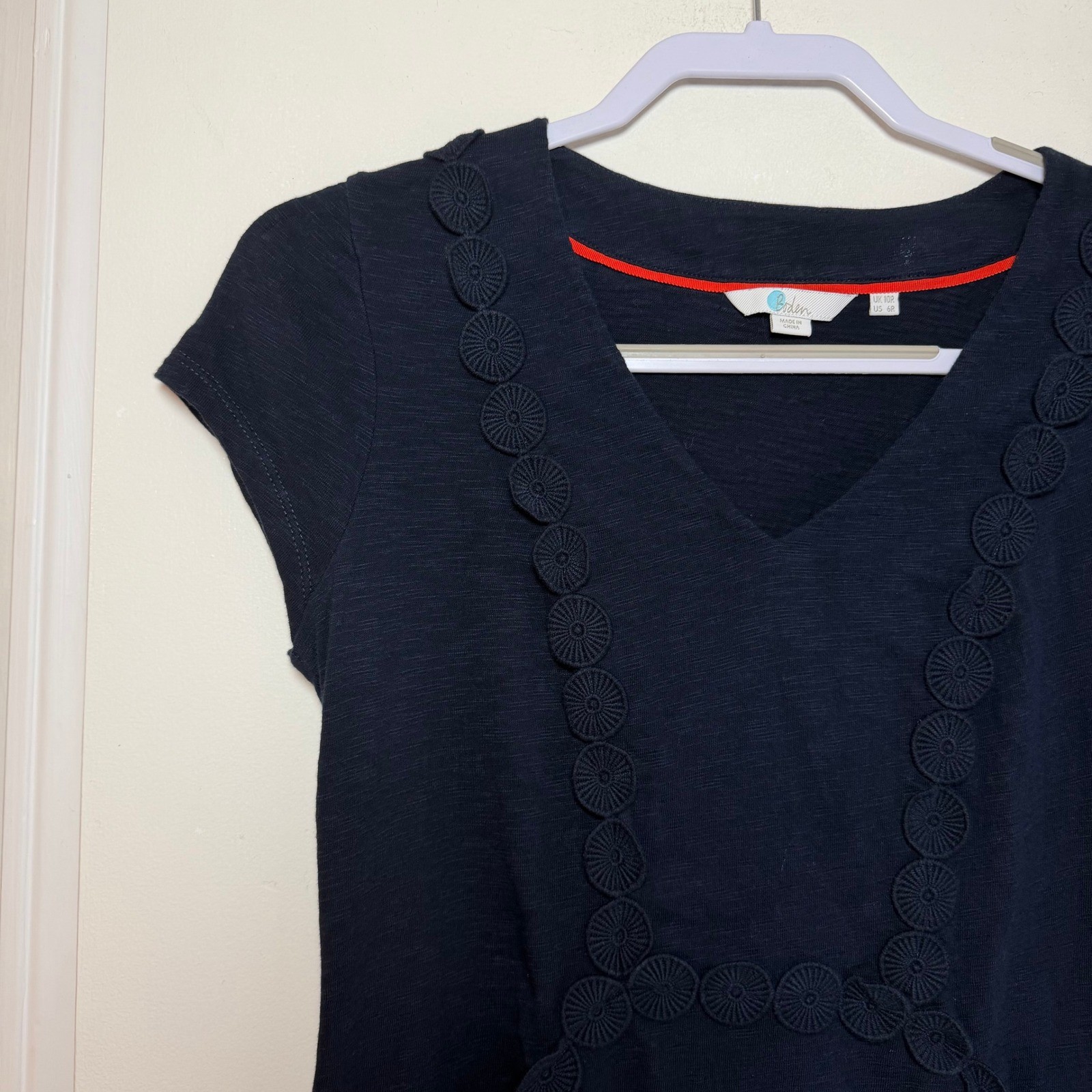 Boden Navy Blue Short Sleeve Cotton Dress with Scalloped Trim Pockets Size 6