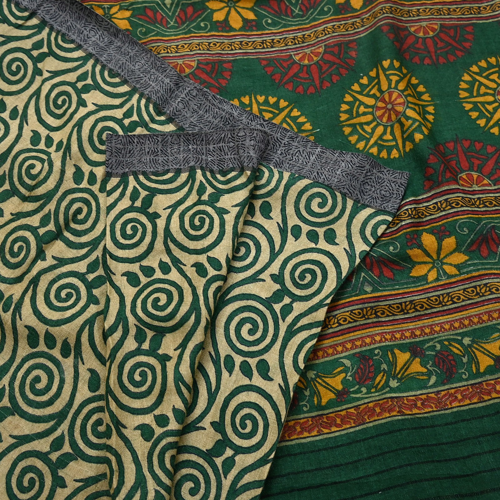 Vintage Beige Green Wool Saree Indian Pure Wool Floral Woven Fabric 6 Yard Soft