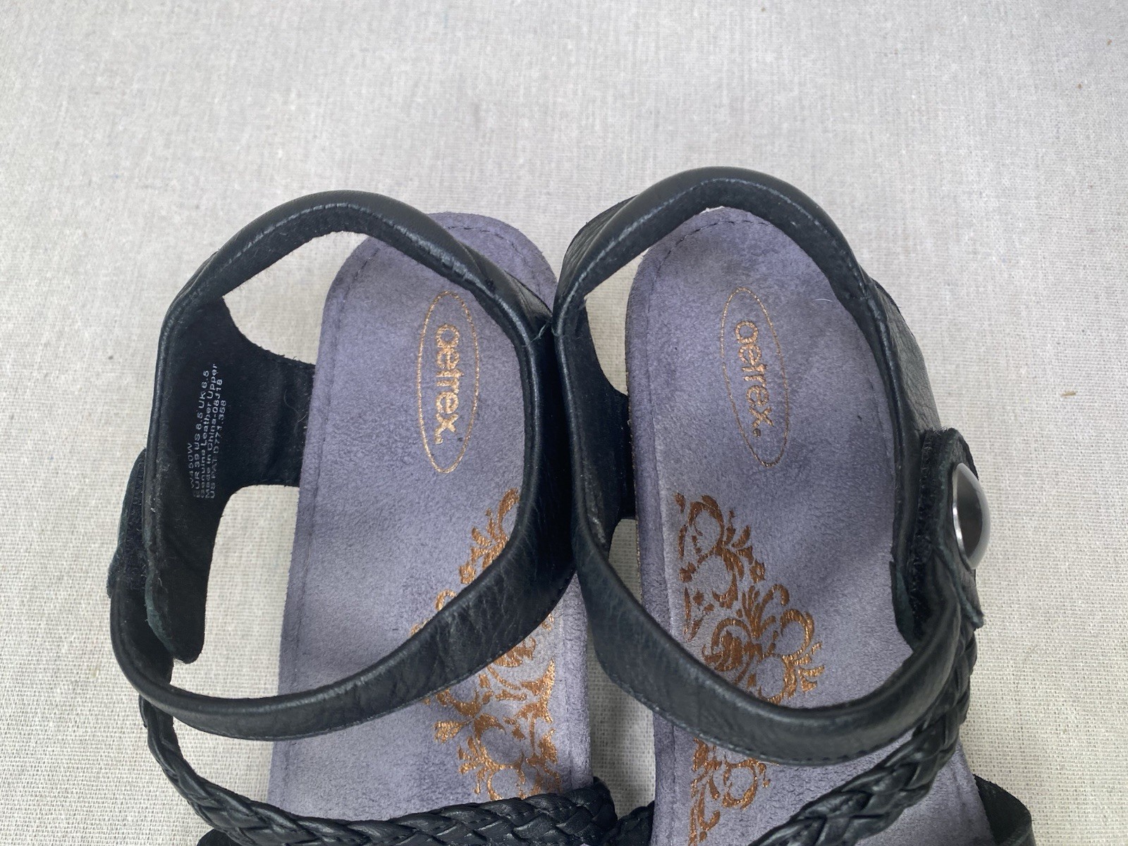 Aetrex Naya Black Leather Braided Strap Comfort Sandals Womens 8.5 EW450W