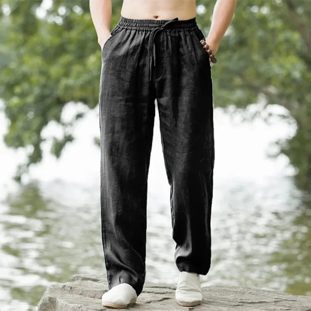 Mens Cotton Linen Loose Pants Casual Drawstring Beach Yoga Baggy Long Trousers