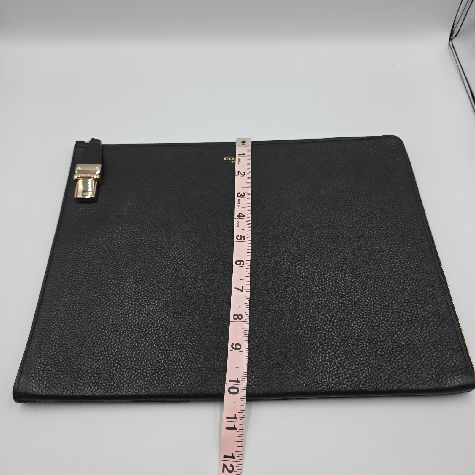 Coach Crosby Push Lock Black Pebbled Leather Zip Top Pouch Bag Document Table