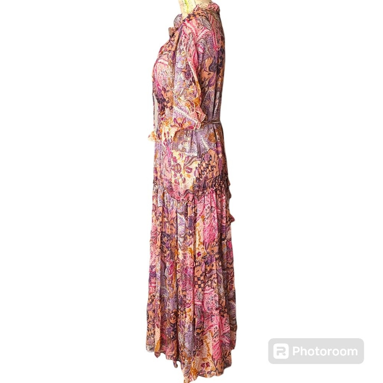 MISA Los Angeles Size Large Ilya Boho Pink Batik Sheer Short Sleeve Midi Dress